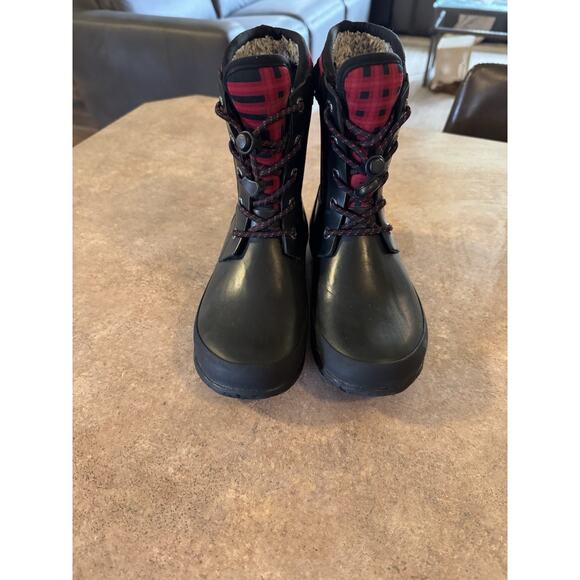 Bogs- Red & Black Plaid Waterproof Rain Boots Kids Size 1 - Picture 2 of 8